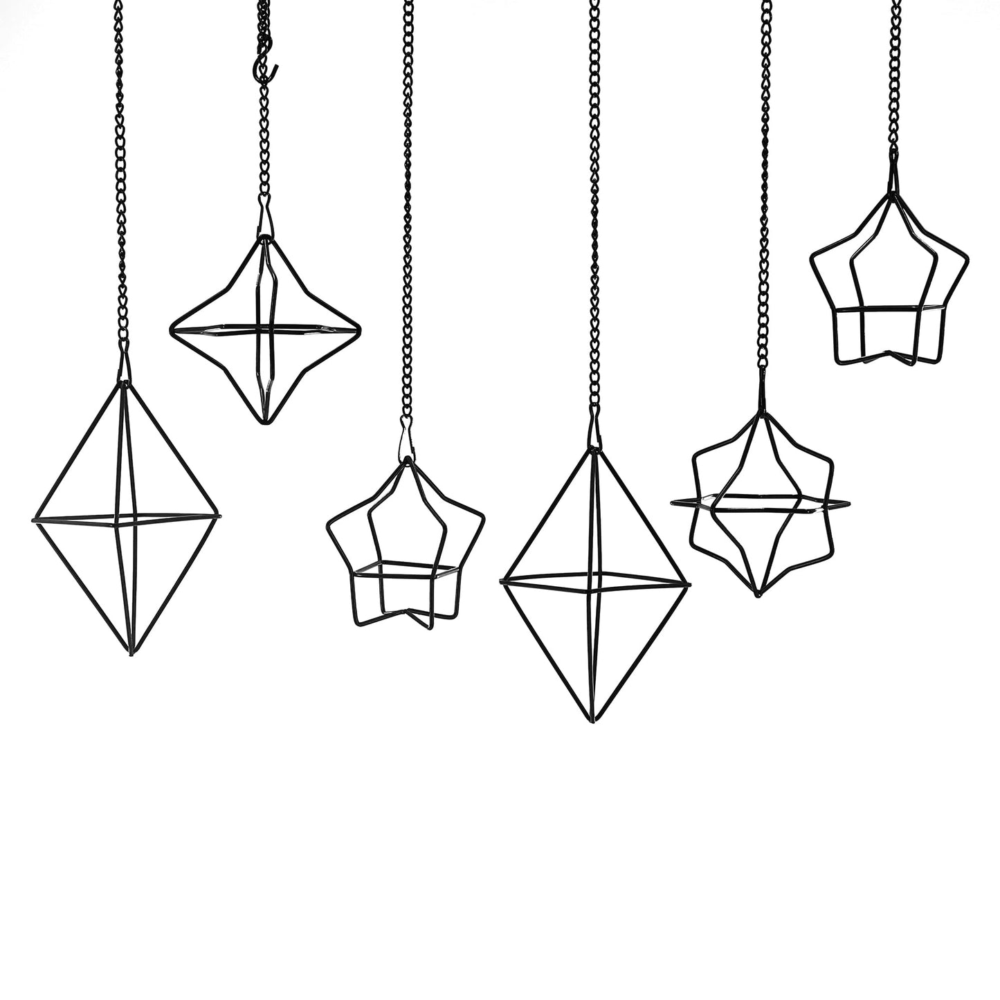 libproqia Geometric Air Plant Hanger 6 Pack Black Metal, 3 Shapes & 2 Sizes with Detachable Chains, Modern Himmeli Wall Hanging Planter for Tillandsia Indoor Home Decor