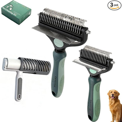 3-in-1 Deshedding Dog Brush, Deshedding Dog Grooming Brush & Undercoat Rake with Dematting Comb for medium to Large Double Coated, 3PCS, Peacock Green ﻿