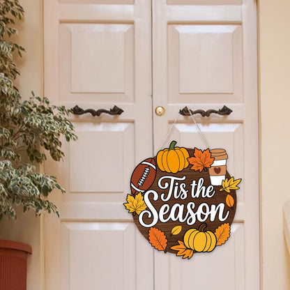 Whaline Fall Football Door Sign Tis the Season Hanging Decor Pumpkin Maple Football Wood Door Hanger with Rope for Autumn Thanksgiving Wall Porch Decorations