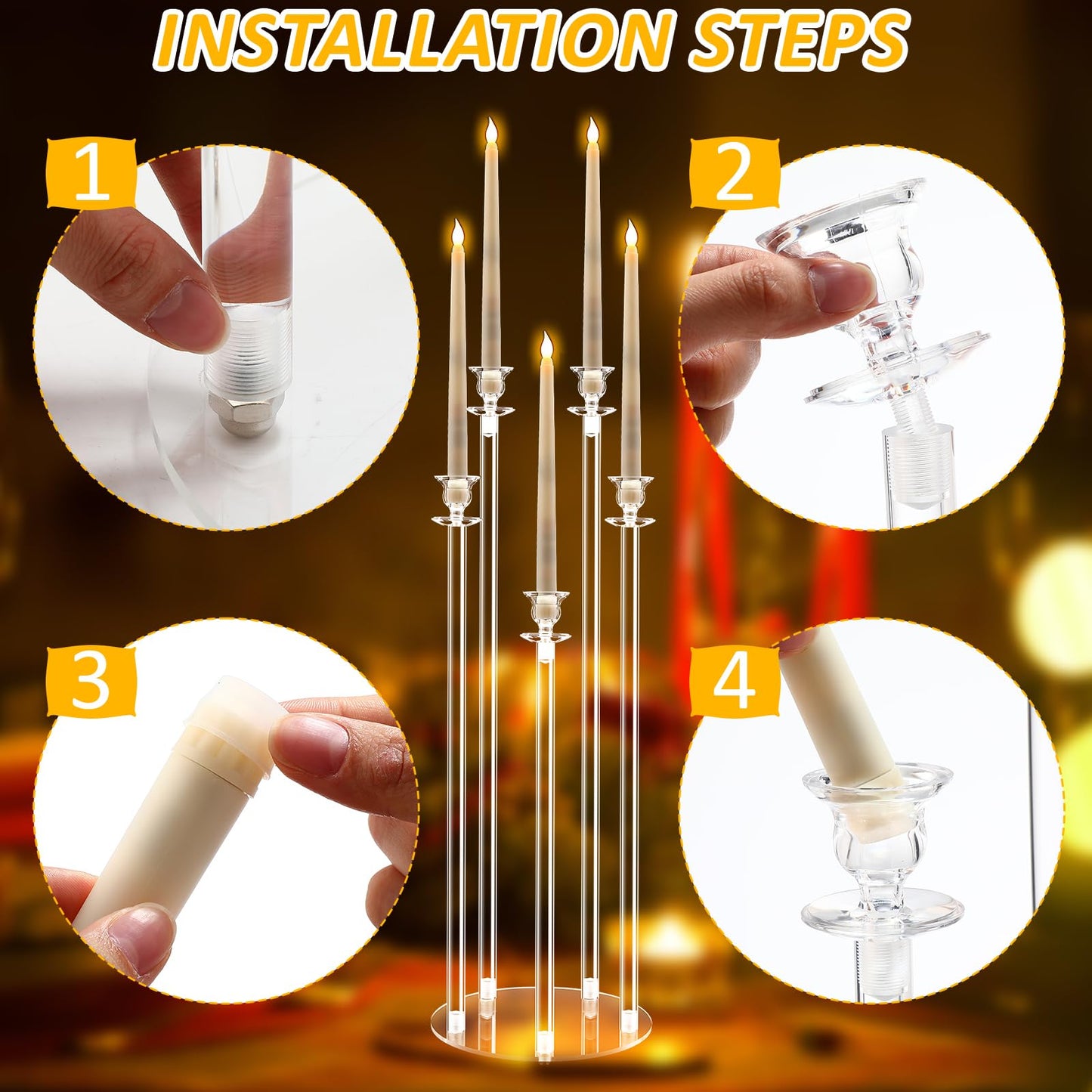 Barydat 4 Set 5 Arms Acrylic Candelabra Centerpieces for Wedding, Clear Candlesticks Holders with 20 LED Candles 2 Remote Timer 22 Rubber Candle Rings for Halloween Christmas Party Dinner Decoration