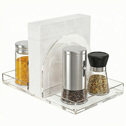 YAGELI Acrylic Napkin Holder with Magnetic Assembly, 2-in-1 Clear Space-Saving Organizer with Salt and Pepper Shakers Caddy for Kitchen Counter, Coffee Station, Office Desk, Modern Tabletop Storage