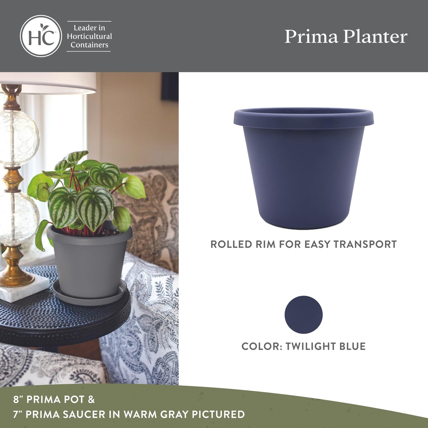 The HC Companies 14 Inch Prima Round Planter Pots w/Drainage Holes & Rolled Rim, Lightweight UV-Resistant Plastic Indoor & Outdoor Planters, 2-Pack Flower Pots for Garden & Home Decor, Twilight Blue