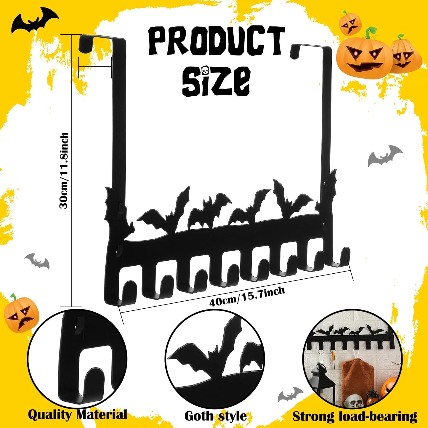 LemonRoad Bat Over the Door Hooks Gothic Over the Door Towel Rack Halloween Black Bat Shelf Organizer Wall Decor Holder for Hanging Bathroom Metal Wall Mount Towel Rack for Hoodies Hat