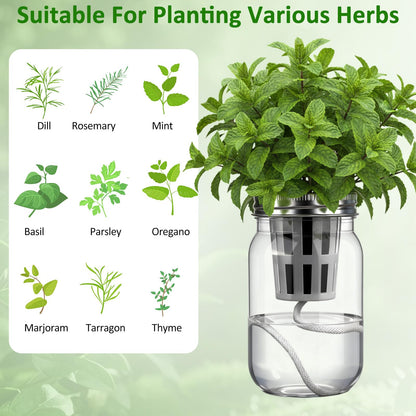 Teenyyou 12 Set Hydroponic Garden Mason Jar Kit Self Watering Herb Hydroponic Planter Starter Kit with Net Pot Garden Flower Plant Growing Gift for Indoor Herbs Windowsill Gardening