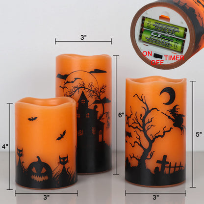 Wondise Halloween Flickering Flameless Candles with 6 Hour Timer, Battery Operated LED Real Wax Candles Set of 3 Halloween Home Decoration Gifts(3 x 4 5 6 Inch)