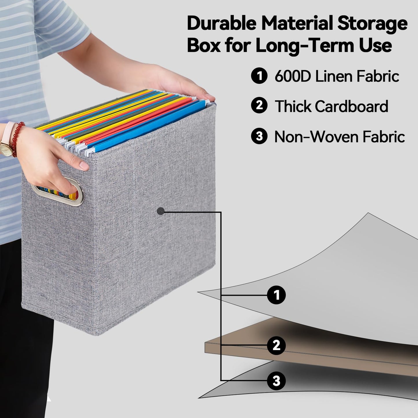 ComfortKeeper 4 Packs Letter Size File Organizer, File Folders Organizer, Fabric Storage Box, Collapsible Paper Organizer with Metal Handle, Smooth PVC Rails, Only Box (Gray)