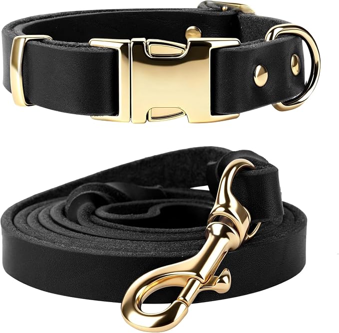 Leather Dog Collar and Leash Set, 5FT Heavy Duty Leather Training Leash with Adjustable Dog Collar, Soft and Durable Dogs Leashes and Collars Set for Small Medium Large Dogs (Black, S)