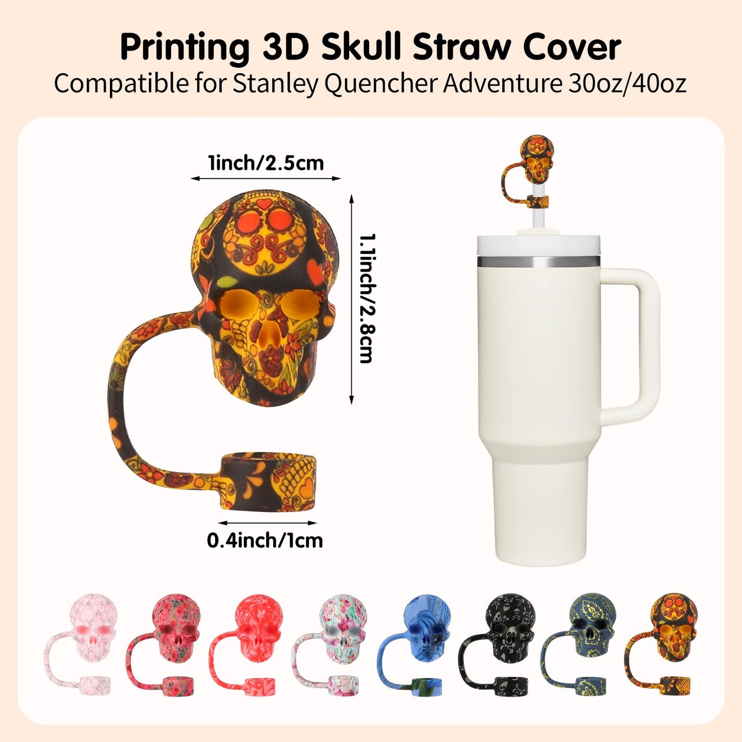 8 Pack Skull Straw Toppers for Stanley Cup 30&40oz, Tumbler Water Cup Accessories, Reusable Dust-Proof 3D Straw Cover Cap, Hollaween Gift (8 Colors)