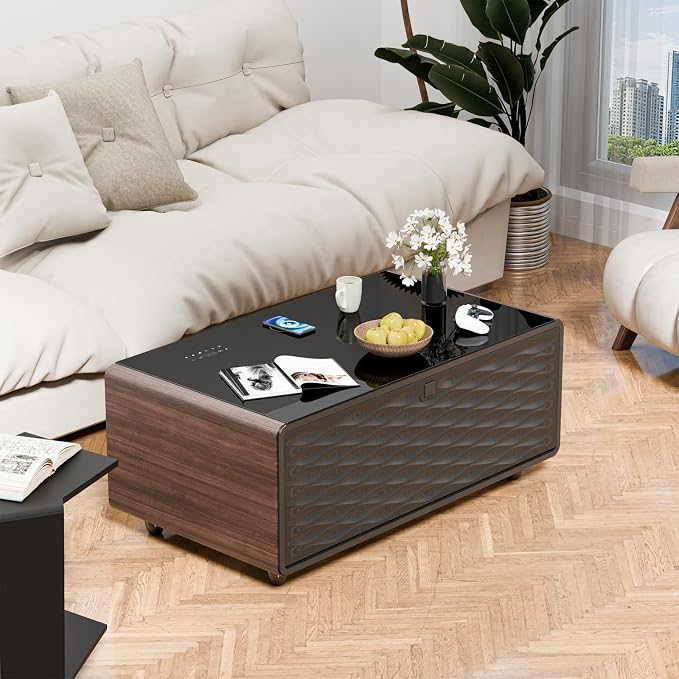 Smart Coffee Table with Fridge and Bluetooth, Smart Living Room Table with Frozen Drawers, Dual Speakers, 15W Wireless Charger, Touch Control, USB Ports, Atmosphere Light, LT90 Ultra-Brown