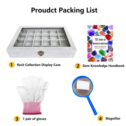 HEMYLU Rock Collection Display Case, Crystal Storage Box with 24 Grids and Gem Knowledge Handbook for Kids, Gem and Stone Collection Case for Display