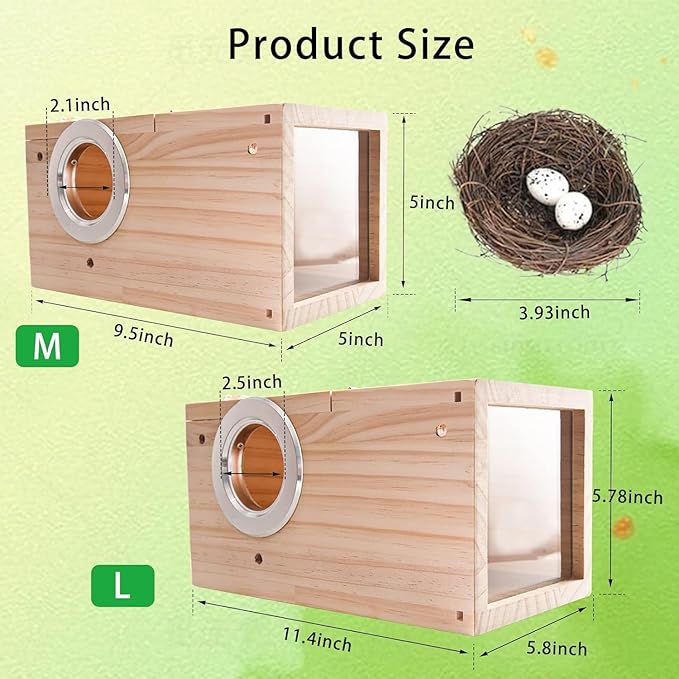 Bird Nesting Box Parakeet Parrot Breeding Nest Wooden Acrylic Transparent Bird House with Small Nest for Small Parrot Conure Lovebirds (Large)