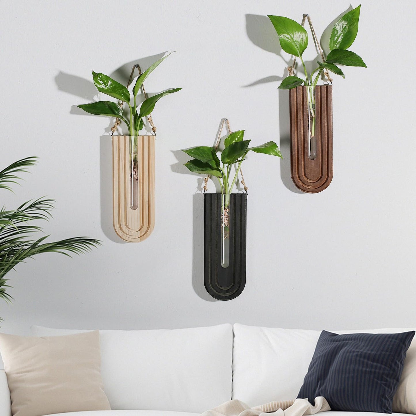 Dnnnii Indoor Wood Wall Planter Set of 3 for Plants - Boho Handmade Hanging Propagation Station with Curved Rainbow Design, Wall Mounted Vase for Flowers, Natural Home Decor Living Room Entryway