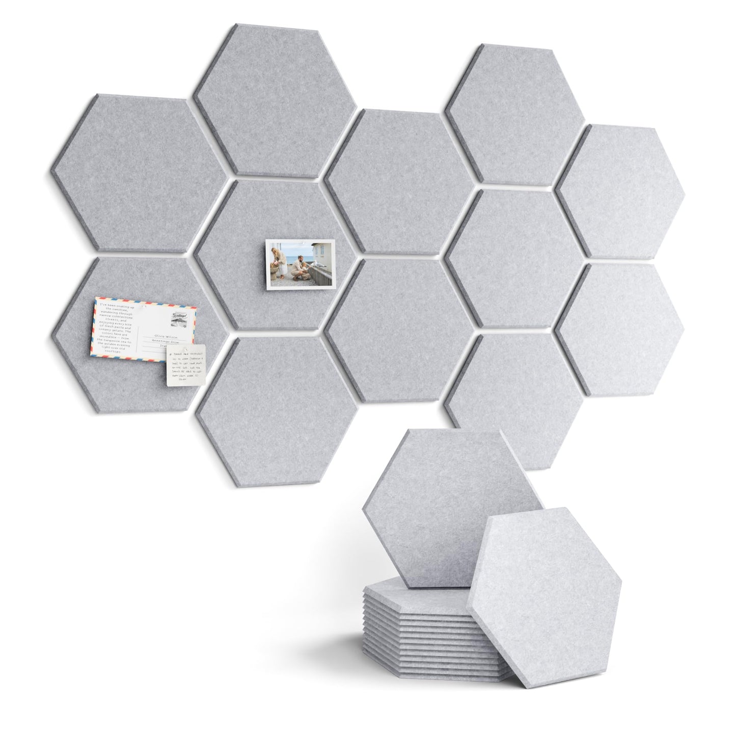 Fluxynara Hexagon Cork Board Alternative for Walls Decor-12-Pack Felt Bulletin Board Tiles,with 30 Pushpins,70 Adhesive Tabs for Office,Classrooms & Home Pin Board Felt Board-Soft Gray