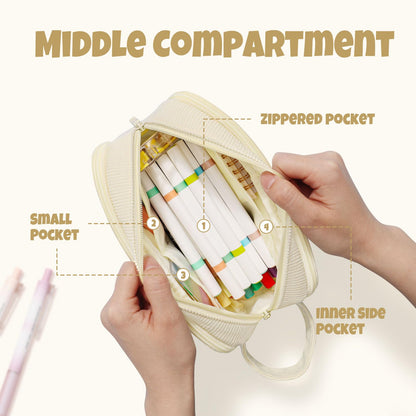 SUNEE Large Capacity Pencil Case with 3 Compartment, Extra Big Pencil Pouch, Pencil Bag with Zipper, Cute Stationery Organizer, Soft Corduroy Pen Box School Supplies for Student Teen Girls Boys, Beige