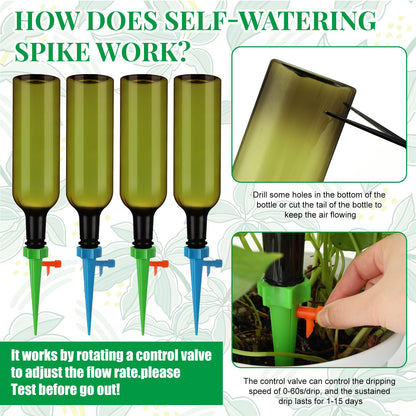 SiliFine 8 Set Plant Watering Devices with Self Watering Spikes and 26 oz Plastic Bottles Plant Waterer Devices with Adjustable Control Valve Switch Indoor Outdoor (Green)