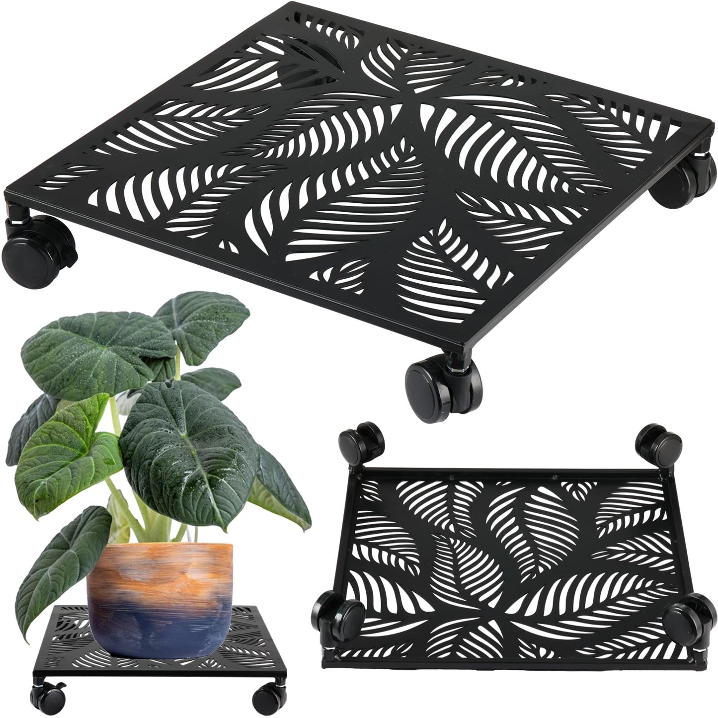 1-pack 13.5 Inches Square Metal Plant Caddy with Wheels Heavy Duty Large Rolling Plant Stand Indoor Outdoor Wheeled Planter Dolly Cart with Lockable Casters Flower Pot Mover Roller Trolley, Black