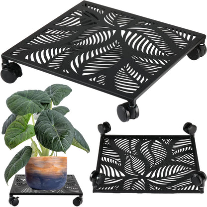 1-pack 13.5 Inches Square Metal Plant Caddy with Wheels Heavy Duty Large Rolling Plant Stand Indoor Outdoor Wheeled Planter Dolly Cart with Lockable Casters Flower Pot Mover Roller Trolley, Black