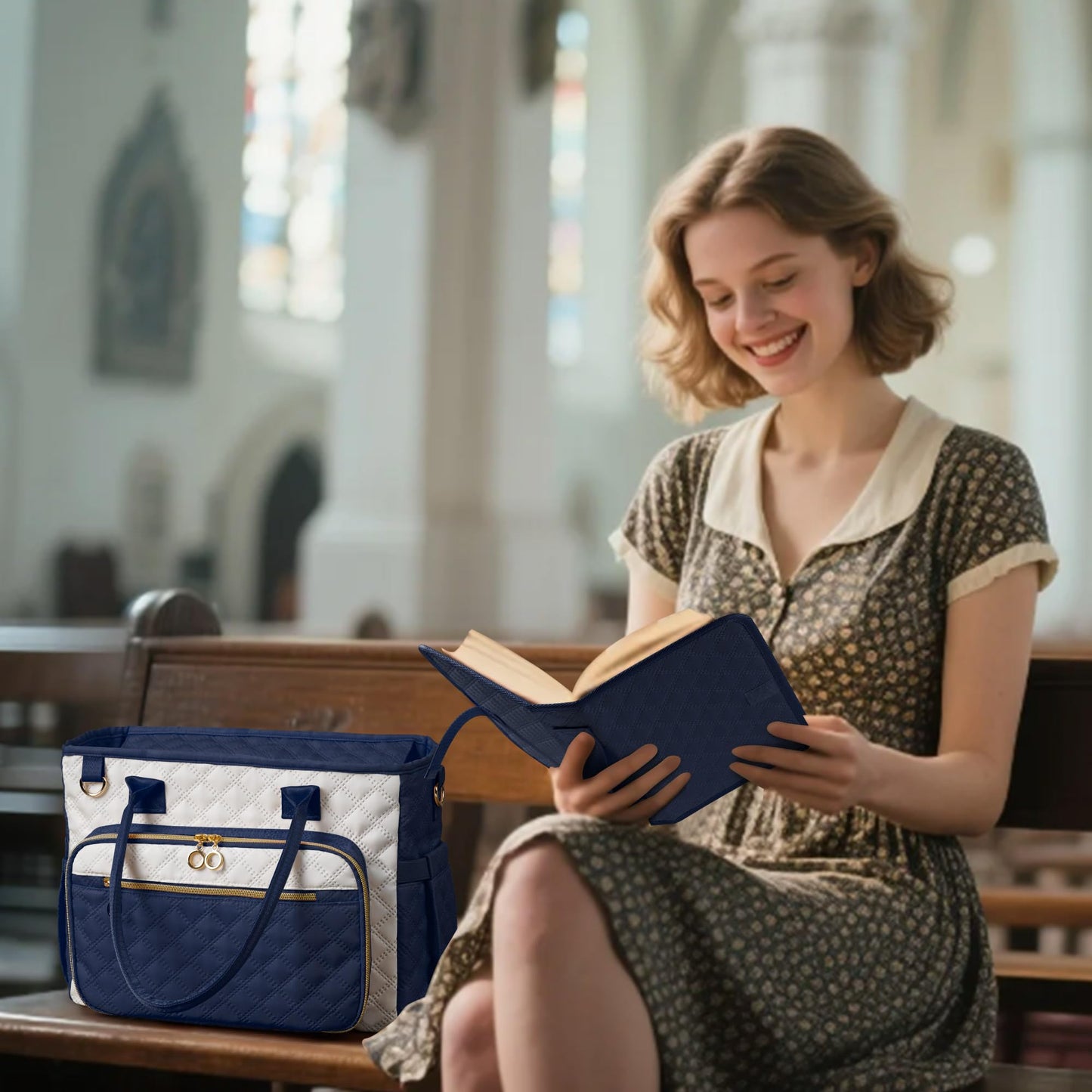 Large Bible Bag with Bible Cover Case for Women，Church Tote Bag Travel Bag Diaper Bag with Shoulder Strap for Teachers, Nurses, Moms, Bible Lovers (Blue)