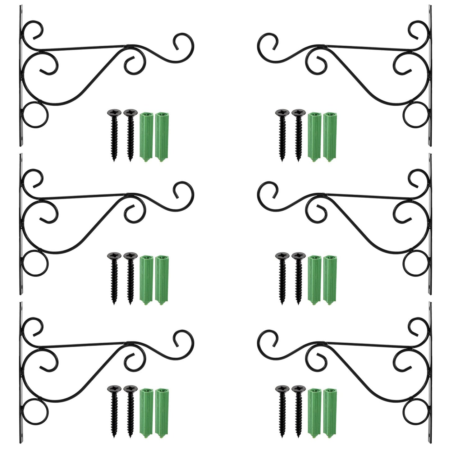 Fasmov 6 Pack Hanging Plant Brackets, 10" Sturdy Iron Wall Mount Flower Basket Hook Indoor Outdoor Bracket for Hanging Bird Feeders, Lanterns, Planters, Wind Chimes, Ornaments with Screws (Black)