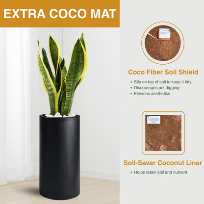 KUTE NEST 19.5" H x 9.8" D Premium Tubo Fiberstone Cylinder Tall Planter with Drainage Hole, Weather Resistant for Indoor and Outdoor Use, Included 2 Extra Coco Mats (Black, 8.2" Pot Opening)