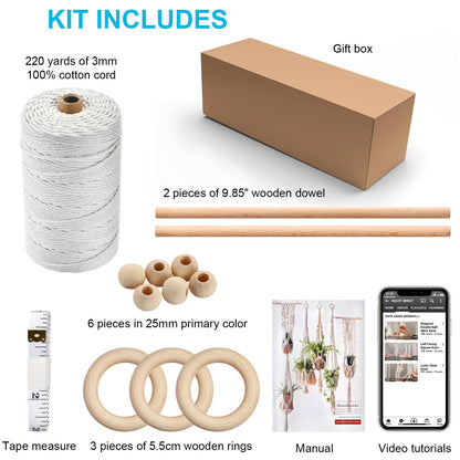 Hdviai Macrame Plant Hanger Kit, 3mm x 220Yards Cord for Adult Beginners DIY Macrame Wall Hanging Kit, with 2Pcs Wooden Dowels + Beginner's Manual + Soft Ruler+ Five Wooden Beads