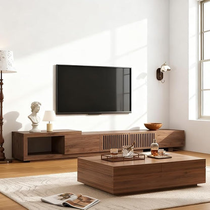 Mid-Century Modern Expandable Coffee Table & TV Stand Set, Walnut Finish – Elegant Storage Combo for Living Room, Bedroom, or Lounge (78.54“ to 103" TV Stand+Coffee Table)