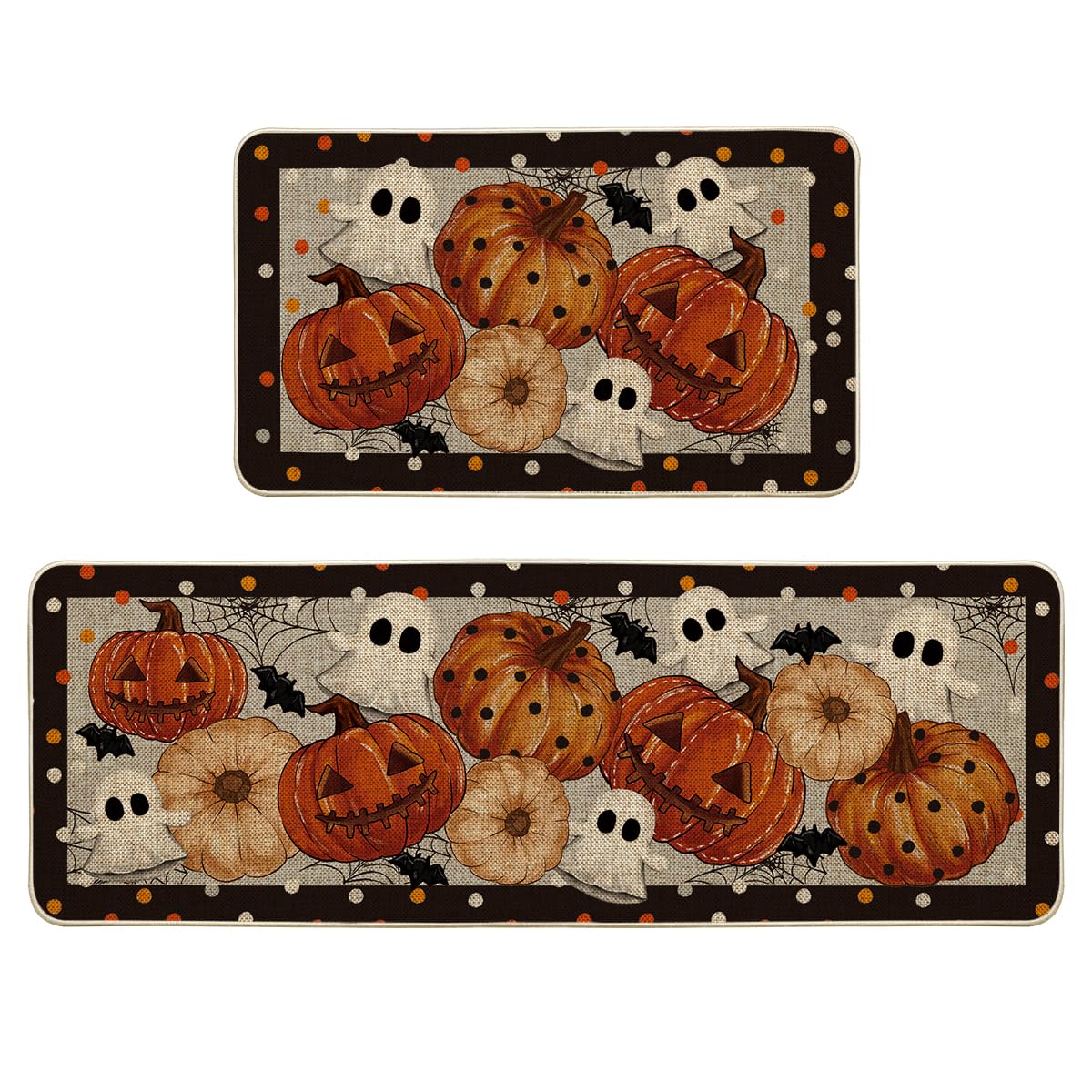 Artoid Mode Black Ghost Spooky Jack-O'-Lantern Pumpkin Halloween Kitchen Mats Set of 2, Low-Profile Home Decor Kitchen Rugs for Floor - 17x29 and 17x47 Inch