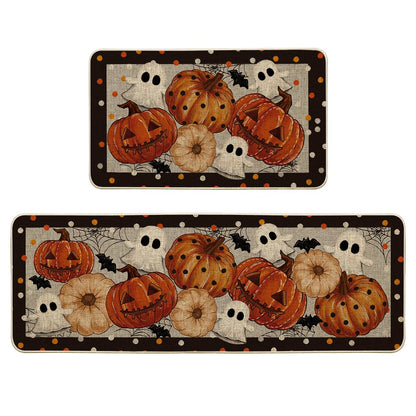 Artoid Mode Black Ghost Spooky Jack-O'-Lantern Pumpkin Halloween Kitchen Mats Set of 2, Low-Profile Home Decor Kitchen Rugs for Floor - 17x29 and 17x47 Inch