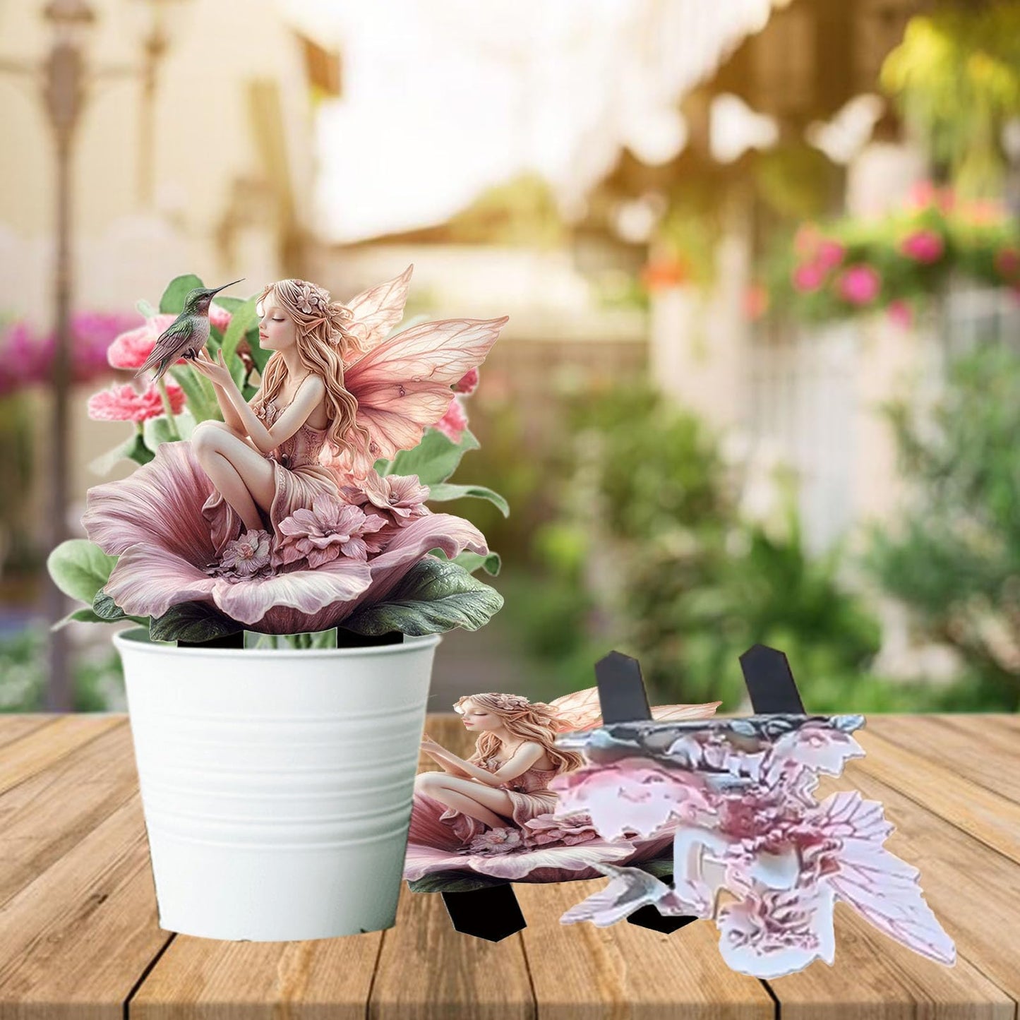 ANNUOZE Fairy Garden Stake Decor, 2D Flat Acrylic Fairy Garden Decor Panel, Elf Yard Sign for Outdoor Indoor Yard Lawn Plants Pots, Fairy Garden Accessories (Flowers Fairy and Hummingbird)