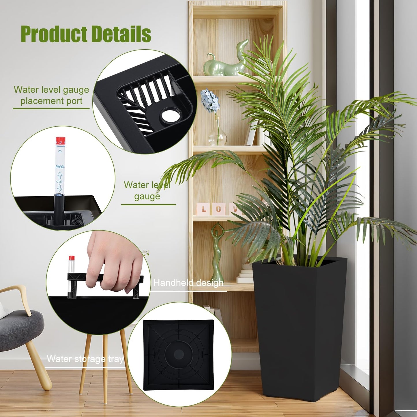 hatleues Resin Tall Planters Set of 2 Tall Flower Pot for Outdoor Indoor Plants, Flower Pots with Water Level Window & Drainage Tray, Dual-Buckle Design for Porch, Balcony, Deck,Modern Decor Black 2
