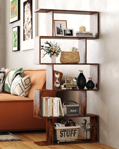 Yusong Bookshelf 5-Tier, Geometric Bookcase S Shaped Book Shelves for Bedroom, Modern Industrial Wood Decorative Display Shelf Book Case for Home Office, Rustic Brown