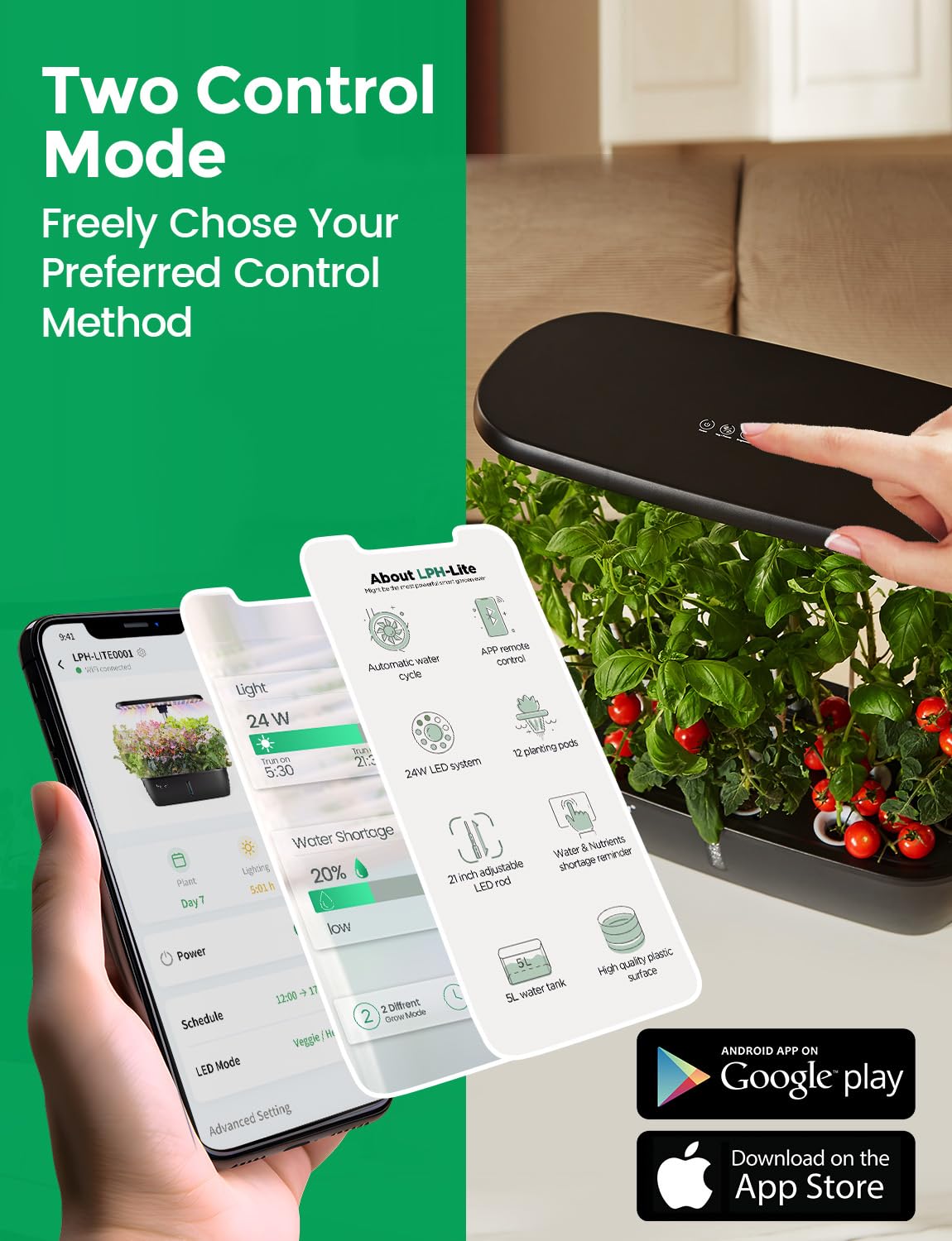 LETPOT LPH-Lite Hydroponics Growing System, 12 Pods Smart Herb Garden Kit Indoor, Indoor Garden, APP & WiFi Controlled, with 24W Growing LED, 5.5L Water Tank, Pump System, Automatic Timer