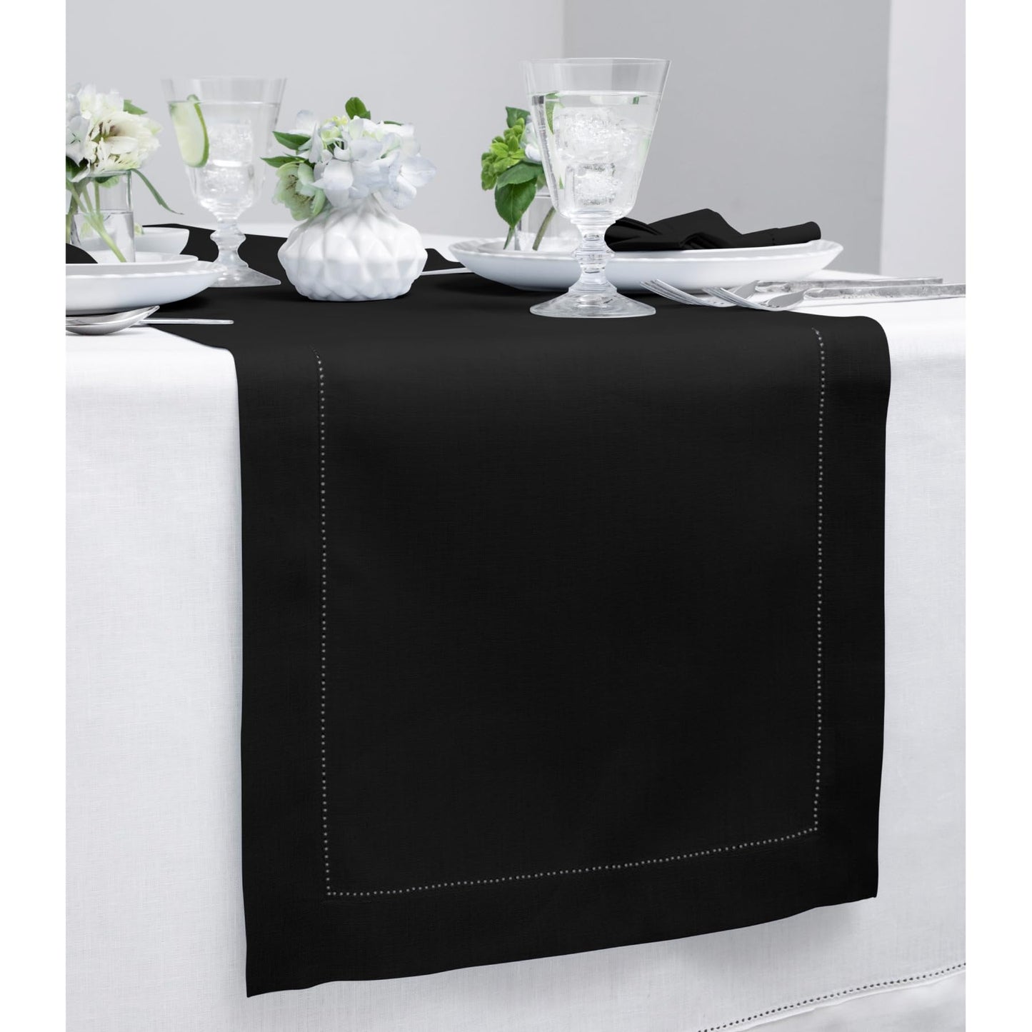 Solino Home Linen Hemstitch Table Runner 108 Inches Long - 100% Pure Linen Black Table Runner 16 x 108 Inch for Fall, Autumn, Halloween, Thanksgiving, Holiday - Classic Hemstitch