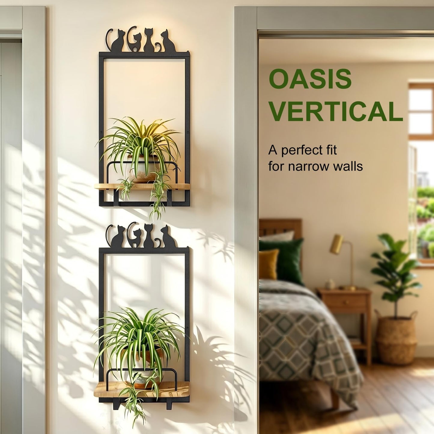 Shineled Wall Planter for Indoor Plants 2 Pack, Wall Mounted Plant Holder for Small Plants, Floating Wall Shelf for Plants, Real Oak Wood, Magnetic Animal Decor, Home Wall Decor (Cat)