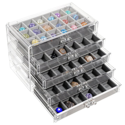 Rock Display Case for Kids, 90 Grid Rock Collection Box Rock Display Organizer Storage Compartments Acrylic Clear Display Case with 5 Drawers for Gemstone Fossil Crystal Stone Collectibles