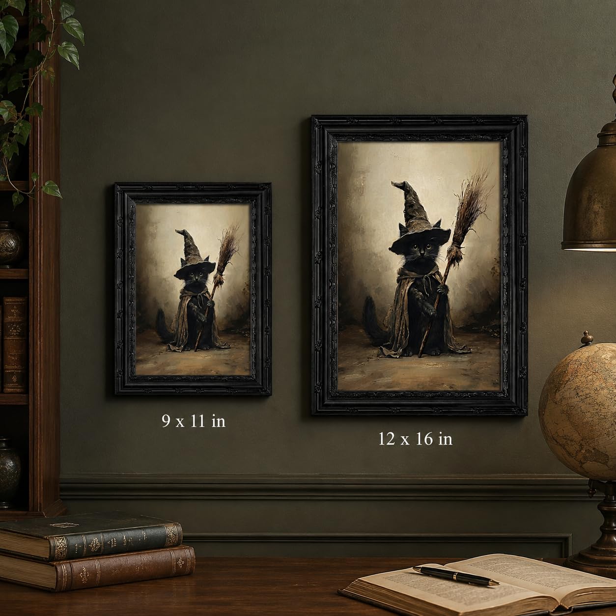 FKRYTYB Framed Halloween Wall Art, black cat witch wall decor, 9x11in