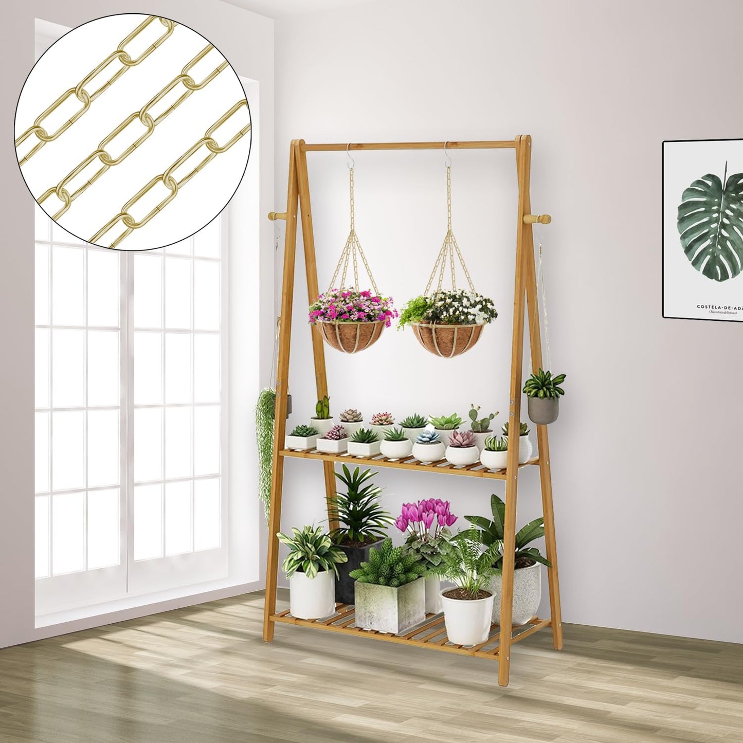 Omytie 12 Ft Heavy Duty Hanging Chain Kit with Connection Locks & Swag Ceiling Hooks for Lighting Fixture, Chandelier, Pendant, Lantern, Swag Lamp, Plant/Flower/Fruit Basket, Bird Feeder (Brass)