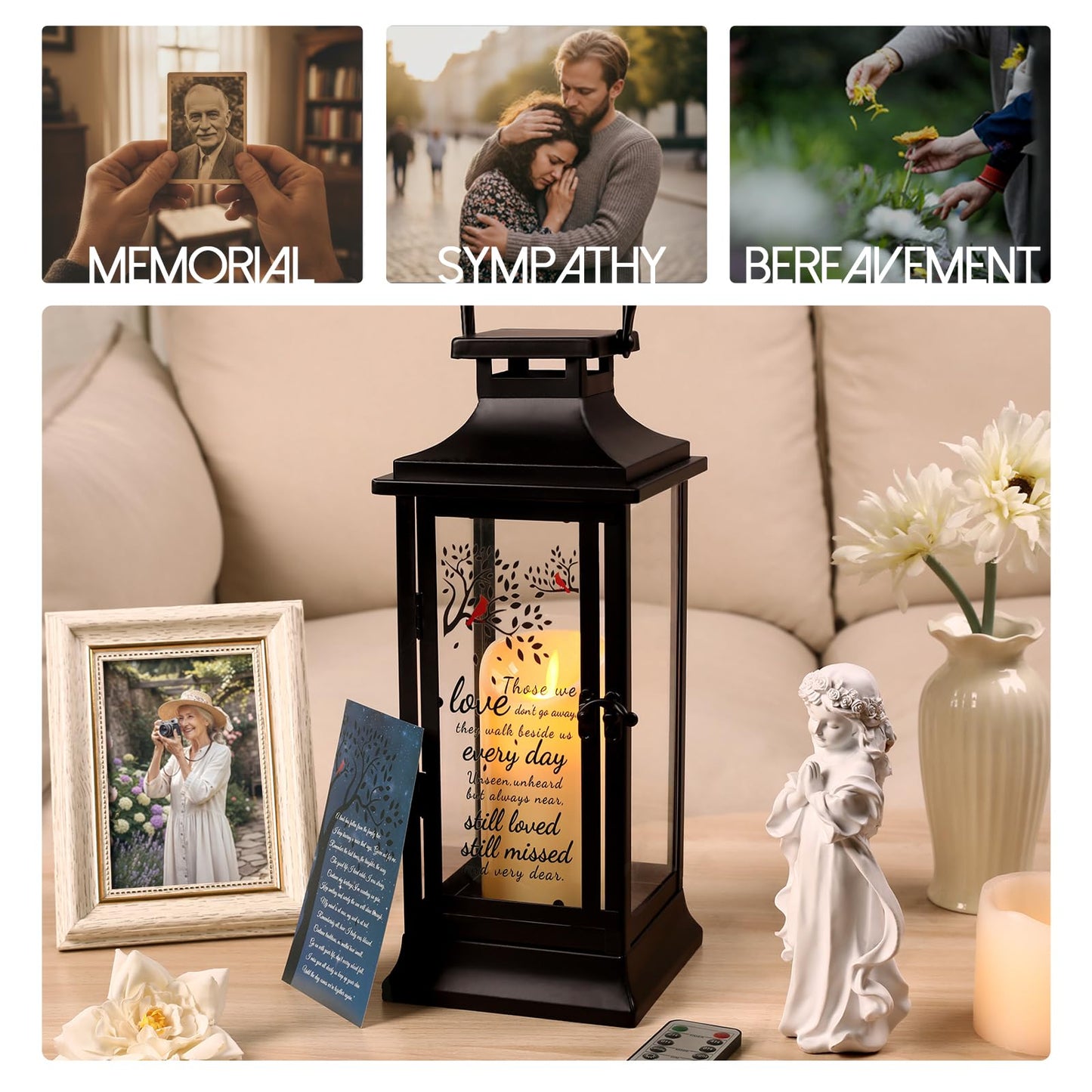 HAVITI Sympathy Gifts for Loss of Loved One Memorial Lantern, Black Memorial Gifts for Loss of Mom Dad Loved One, Acrylic Metal 14 Inches Bereavement Gifts Lantern