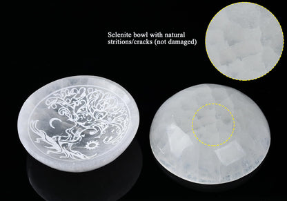 AMOYSTONE Natural Selenite Charging Bowl with Tree of Life Engraving 5.5 Inch Energy Cleansing Crystal Plate for Healing Meditation and Spiritual Home Decor