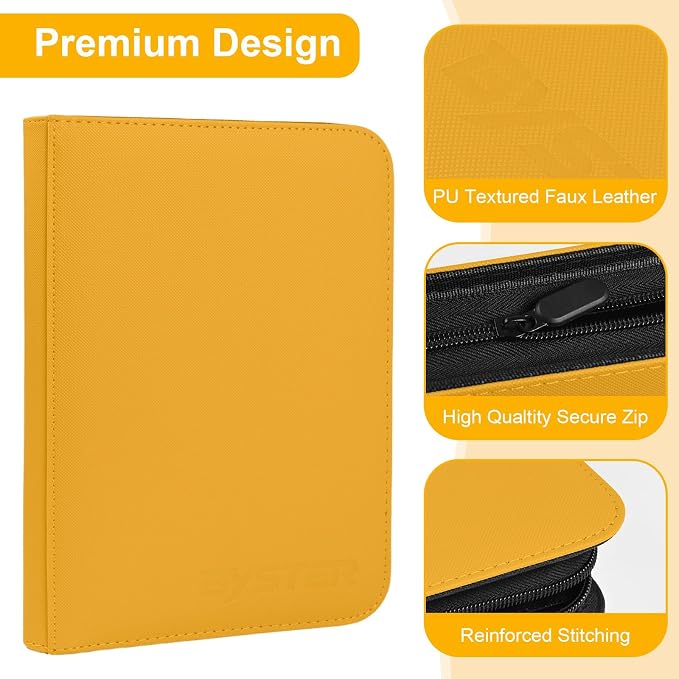 BYSTER 4 Pocket Card Binder, Premium PU Trading Card Binder with Zipper, 160 Capacity Side-Loading Binder for TCG, MTG, Sports Cards, Game Cards, Yellow