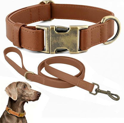 Dog Collar and Leash Set,Leather Silicone Waterproof Odor-Proof Dog Collar and Leash for Large Dogs, Soft Flexible Dog Collars, Durable Thick Adjustable Pet Collar (Brown, Large (16-24.5" Neck))