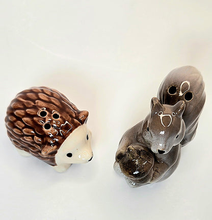 Hedgehog & Squirrel Mini Ceramic Salt & Pepper Shaker Set, 2.5 x 2.5 x 1.25 Inches