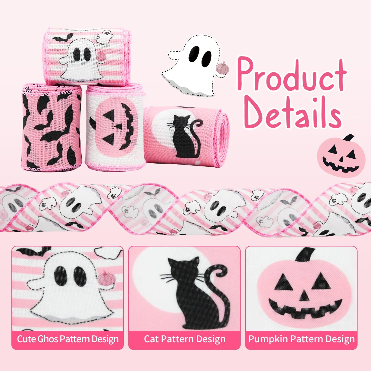 Craflox Pink Halloween Wired Ribbon for Wreath Bows, 4 Rolls, 2.5″ Wide, 20 Yards Total, Pastel Girly Halloween Ghost Wired Ribbons for Crafts Supplies, Pumpkin Cat Ribbon Bow