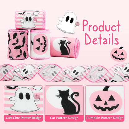 Craflox Pink Halloween Wired Ribbon for Wreath Bows, 4 Rolls, 2.5″ Wide, 20 Yards Total, Pastel Girly Halloween Ghost Wired Ribbons for Crafts Supplies, Pumpkin Cat Ribbon Bow