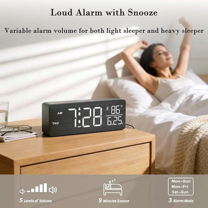 DreamSky Wooden Digital Alarm Clock with Date & Day of Week for Bedroom | Large Display Desk Clock for Living Room, Temperature, Dimmer, Adjustable Volume, Auto DST, Office Wood Décor (Plug-in)