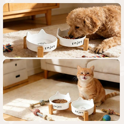 Ceramic Dog and Cat Bowl Set with Wooden Stand Slip Matte Glaze Heavy Weighted Food & Water Dish-White Cat Ear-6.76 OZ