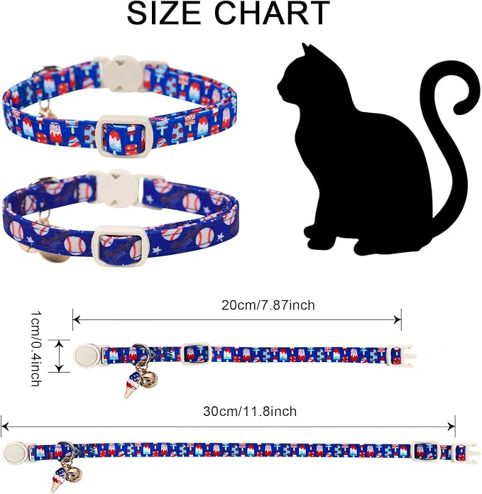 Cat Collar,2 Pack Blue Cat Collars Breakaway with Bell, DOGWONG Patriotic Popsicle Cat Collar for Boy Small Dogs，Adjustable Kitten Collar 7-12 Inch