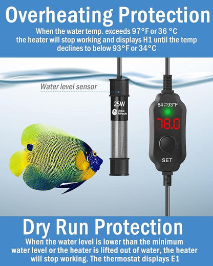 AquaMiracle Aquarium Heater 25W Fish Tank Heater for 3-5 Gal Tanks, LED Digital Display Thermostat Turtle Heater with Out-of-Water Auto Shut-Off, Overheat Protection & Memory Function