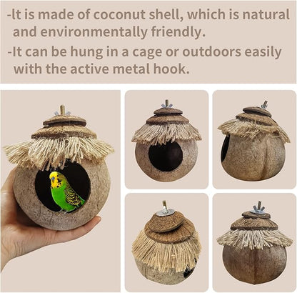 Tfwadmx Natural Coconut Fiber Hanging Birdhouse for Cage, Bird Shell Breeding Nest for Parrot, Parakeet, Lovebird, Finch, Canary, Small Animals House, Bird Hideout with Coconut Twine Decoration