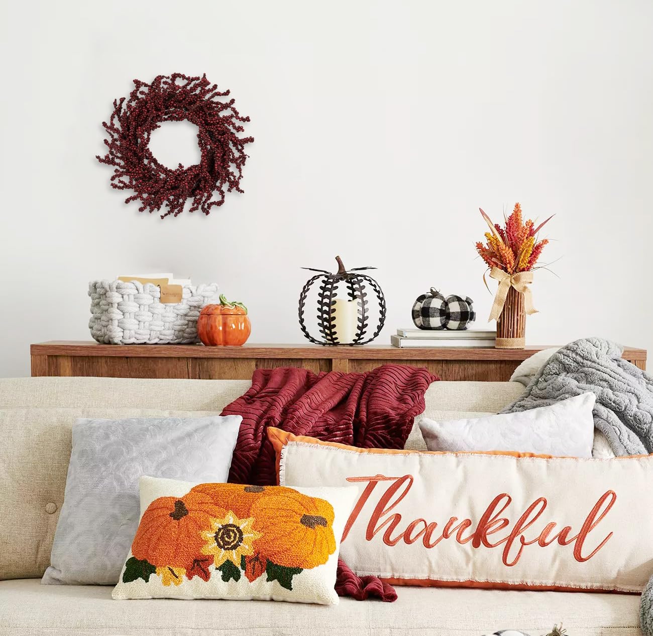 Briful 2 Pack Fall Berry Wreaths 12in Artificial Burgundy Foam Berry Wreath for Front Door Small Outdoor Fall Wreath for Autumn Home Wall Mantle Porch Thanksgiving Halloween Decor